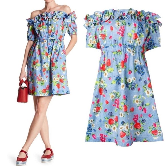Love Moschino Picnic Print (Fruit & Floral) Cotton Off the Shoulder Dress sz. 2 - Picture 1 of 16